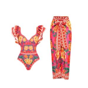FLAXMAKER floral ruffled, one piece swimsuit with matching sarong!